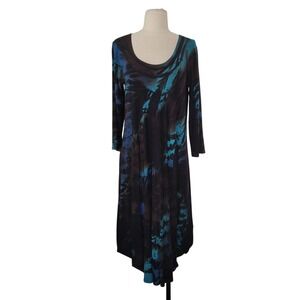 Heyne Bogut Shibori‎ Dress Sz 4 Brown Teal Tie Dye Art to Wear Jersey Lagenlook